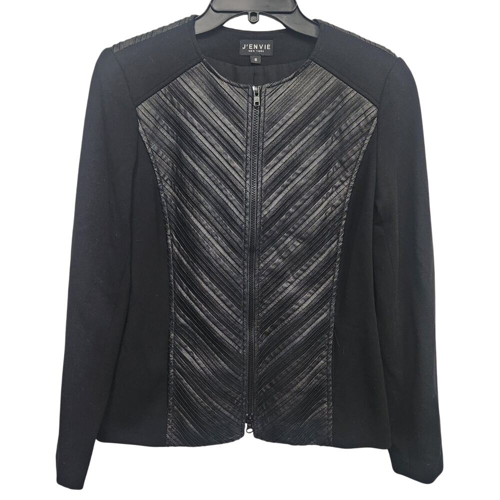 J'envie New York Mixed-Media Womens Black Full-Zip Jacket-Size 6